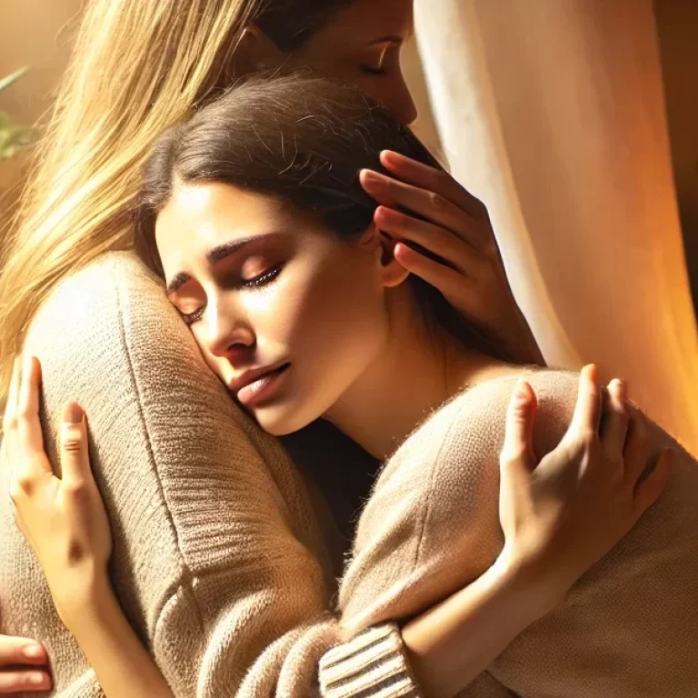 DALL·E 2025-04-04 10.05.33 - An emotional and intimate scene showing a woman gently hugging another person in a safe, comforting environment. The atmosphere is warm and filled wit